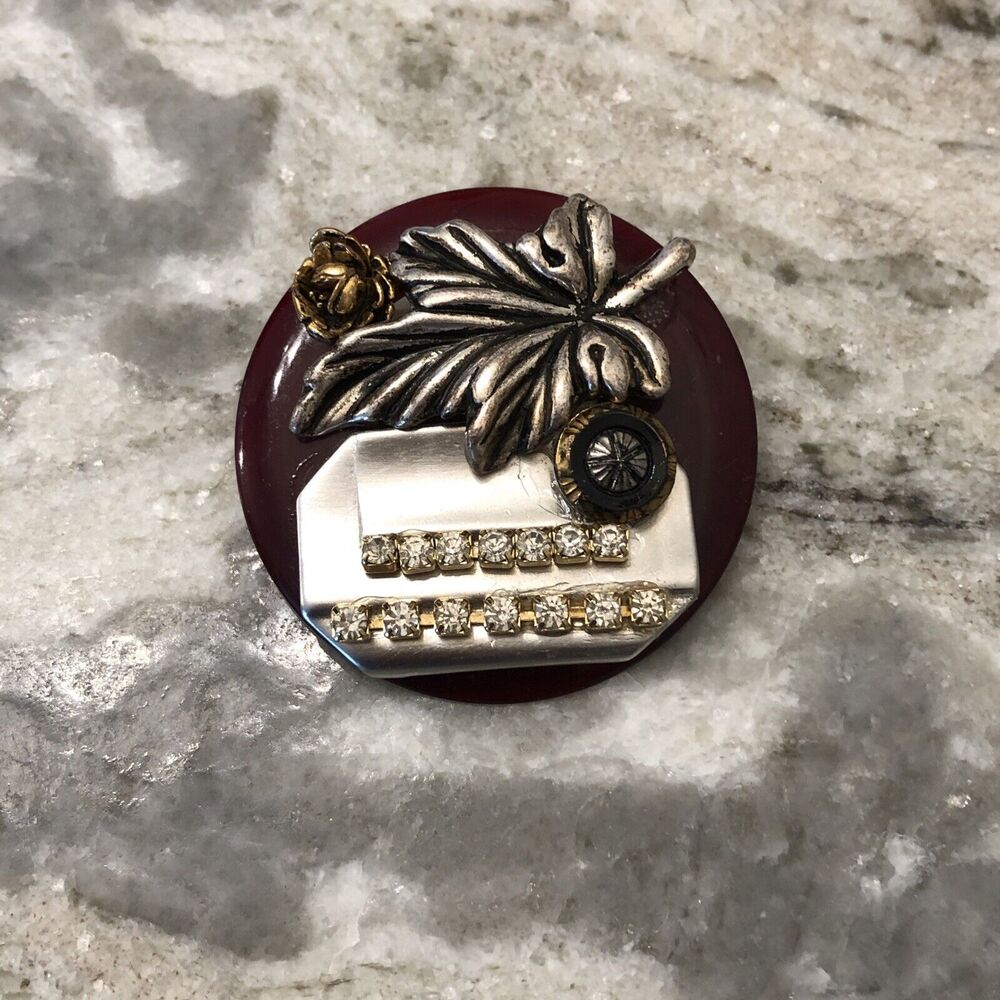 Vtg Artist Made Deep Red Bakelite Brooch With Flower Rhinestones